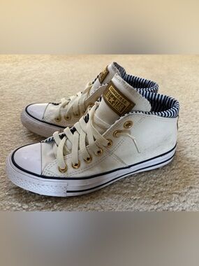 Converse Cream High-Top Sneakers with Navy Stripe Liner